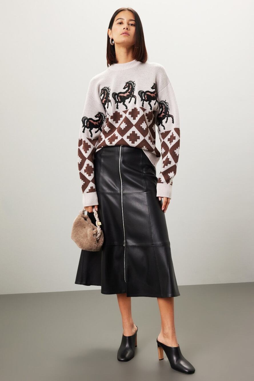 AUTUMN ADEIGBO Brown Horse Printed 100% Virgin Wool Marla Turtleneck Top Small